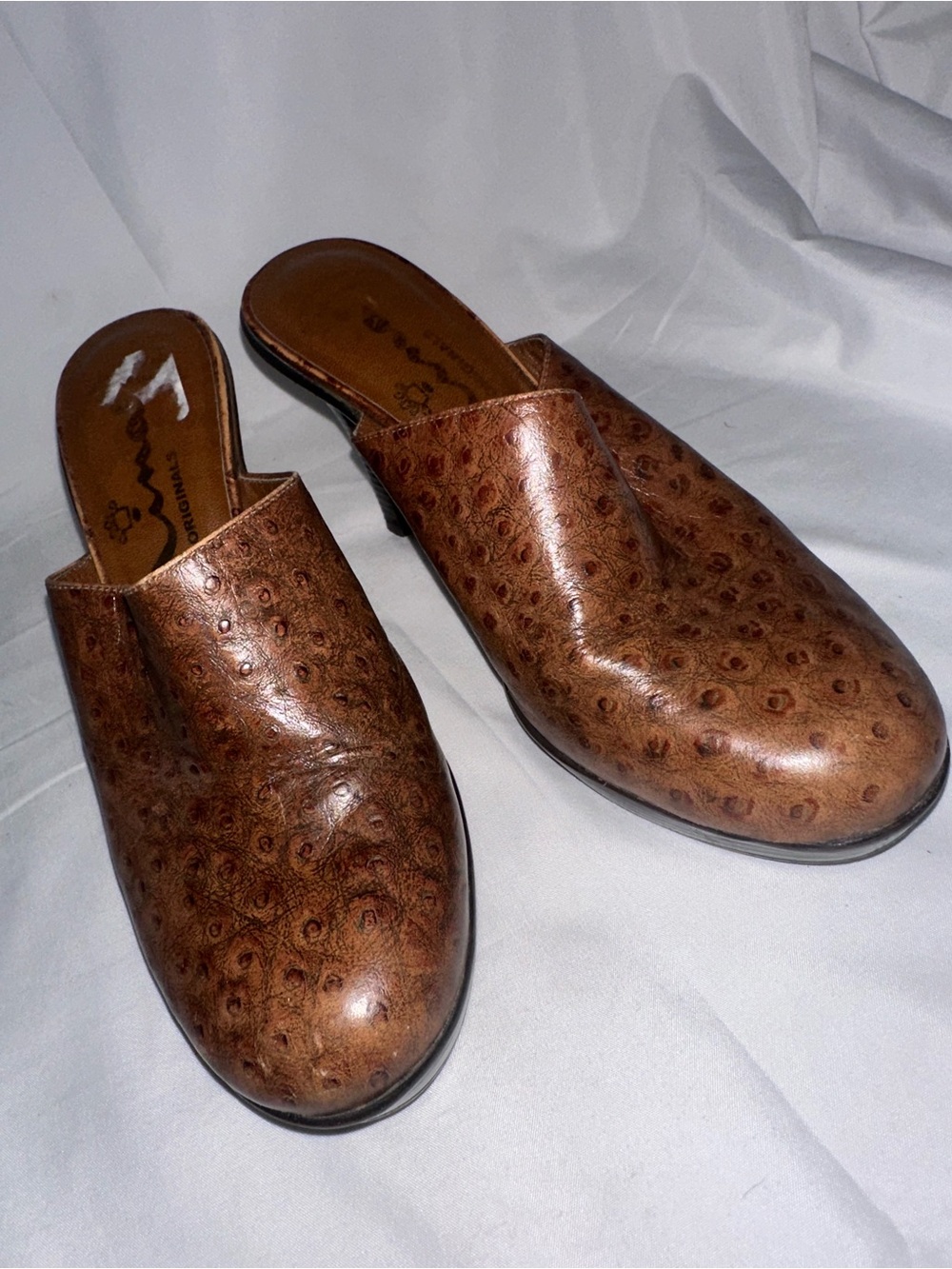Nina Original Brown Genuine Leather Ostrich Embossed Mule Heels Size 6